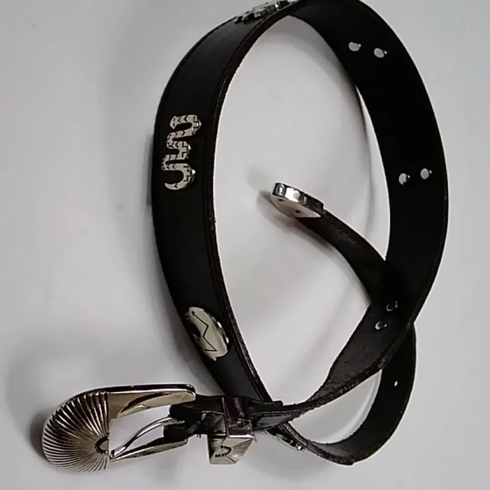Vintage Metal & Leather Women Black Belt Cowboy